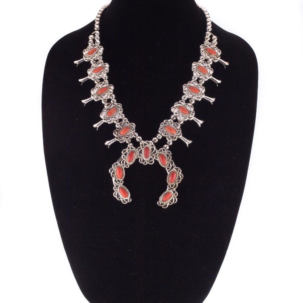 Navajo Sterling Silver Coral Squash Blossom Necklace